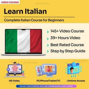 Może przedstawiać: Ekran laptopa wyświetlający kompletny kurs języka włoskiego dla początkujących. Kurs obejmuje ponad 145 lekcji wideo, ponad 39 godzin materiałów wideo, przewodnik krok po kroku i jest opisany jako kurs o najwyższej ocenie. Laptop jest otwarty, a na ekranie widnieje flaga Włoch. Laptop znajduje się na żółtym tle.