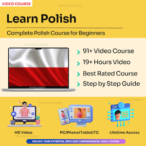 Peut inclure: Un graphique jaune et blanc avec le texte "Apprendre le polonais" et "Cours complet de polonais pour débutants". Le graphique présente un ordinateur portable avec le drapeau polonais sur l'écran et une liste des caractéristiques du cours : 91 + cours vidéo, 19 + heures de vidéo, cours le mieux noté, guide étape par étape. Le graphique montre également trois images de dessins animés d'une personne donnant un cours sur un écran d'ordinateur. Le texte "Vidéo HD", "PC/Téléphone/Tablette/TC" et "Accès à vie" se trouve sous les images de dessins animés.