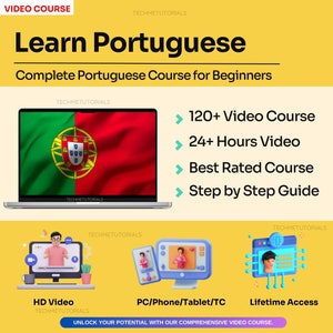 Może przedstawiać: Grafika w kolorze żółtym i białym z tekstem "Naucz się portugalskiego" i "Kompletny kurs języka portugalskiego dla początkujących". Grafika przedstawia laptopa z portugalską flagą na ekranie oraz listę funkcji kursu: "Ponad 120 kursów wideo", "Ponad 24 godziny wideo", "Najlepiej oceniany kurs", "Przewodnik krok po kroku". Grafika przedstawia również trzy ikony osoby w wideorozmowie, reprezentujące "Wideo HD", "Komputer/Telefon/Tablet/Komputer", i "Dostęp dożywotni".