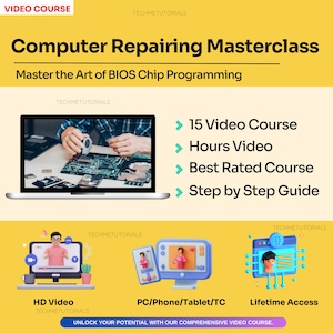 Op de afbeelding: Een laptopscherm waarop een computerreparatiecursus wordt weergegeven met de titel "Computer Repairing Masterclass" en de tagline "Master the Art of BIOS Chip Programming". De cursus omvat 15 videolessen, uren aan video-inhoud en een stapsgewijze handleiding. De cursus wordt geadverteerd als de "Best Rated Course".