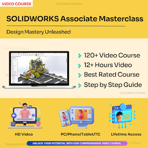 Peut inclure: Un écran d'ordinateur portable affichant une maquette 3D d'un dispositif mécanique. L'écran est entouré d'un fond jaune avec le texte "SOLIDWORKS Associate Masterclass" et "Design Mastery Unleashed". Le texte "120+ Video Course", "12+ Hours Video", "Best Rated Course", et "Step by Step Guide" est affiché sur le côté droit de l'écran. Sous l'ordinateur portable, trois icônes représentant une vidéo, un ordinateur et un téléphone, avec le texte "HD Video", "PC/Phone/Tablet/TC", et "Lifetime Access" sous chaque icône.