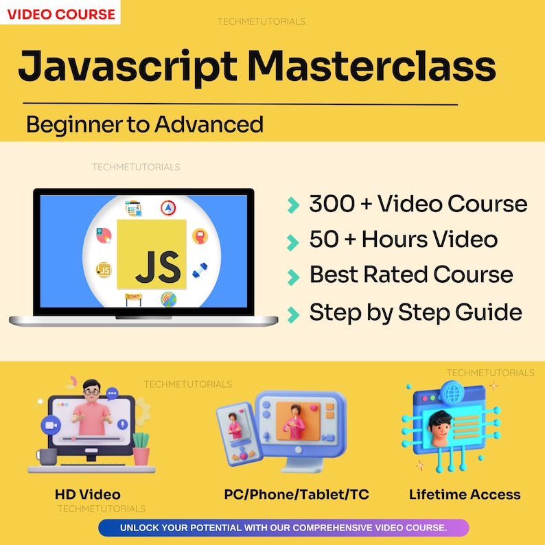 May include: A laptop computer screen displaying a JavaScript Masterclass course with the text "JS" in a yellow circle. The course includes over 300 video lessons, 50 hours of video content, and a step-by-step guide. The course is described as "Beginner to Advanced".