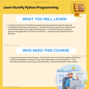 May include: A yellow and white graphic with the text "Learn NumPy Python Programming" and "What You Will Learn" and "Who Need This Course". The graphic also includes a cartoon illustration of a person sitting at a computer with a certificate.