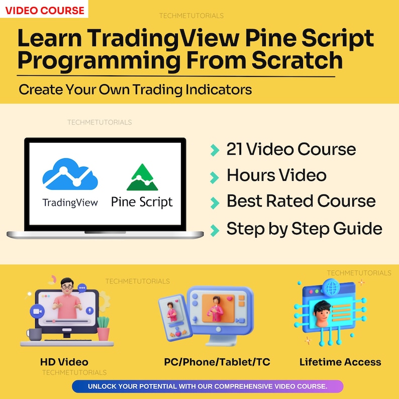 May include: A laptop computer with a yellow background. The laptop screen shows a blue cloud with a line graph and a green triangle with a line graph. The text on the screen says "TradingView Pine Script". The text on the laptop says "Learn TradingView Pine Script Programming From Scratch. Create Your Own Trading Indicators". The text on the right side of the image says "21 Video Course, Hours Video, Best Rated Course, Step by Step Guide".