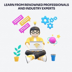 Może przedstawiać: Kresk&oacute;wkowa ilustracja osoby siedzącej z laptopem, otoczonej ikonami reprezentującymi naukę, takimi jak dymki do rozmowy, żar&oacute;wka i koła zębate. Tekst "LEARN FROM RENOWNED PROFESSIONALS AND INDUSTRY EXPERTS" znajduje się w g&oacute;rnej części obrazu.