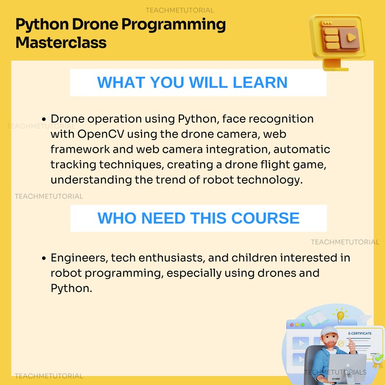 Może przedstawiać: Grafika w kolorze ż&oacute;łtym i białym z tekstem "Python Drone Programming Masterclass" oraz opisem tego, czego się nauczysz i kto potrzebuje tego kursu. Grafika zawiera kresk&oacute;wkową ilustrację drona.