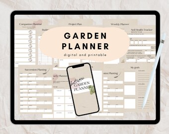 Op de afbeelding: Een digitale en printbare tuinplanner op een tabletscherm. De planner bevat secties voor gewasrotatie, successieplanning, een weekplanner, een bodemgezondheidstracker, een vroege planner en een projectplan. De planner bevat ook een sectie voor het stellen van doelen.