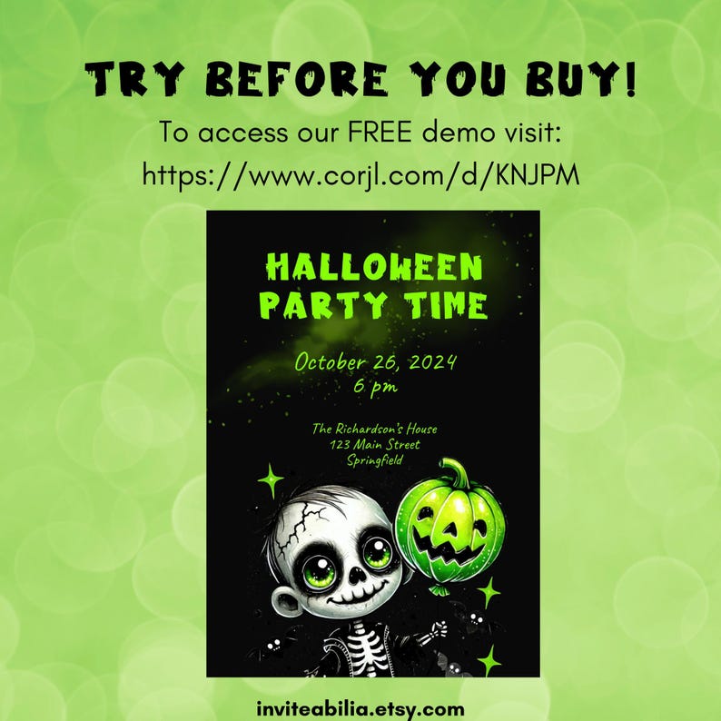 Editable Halloween Party Invitation, Spooky Neon Green Halloween Invite