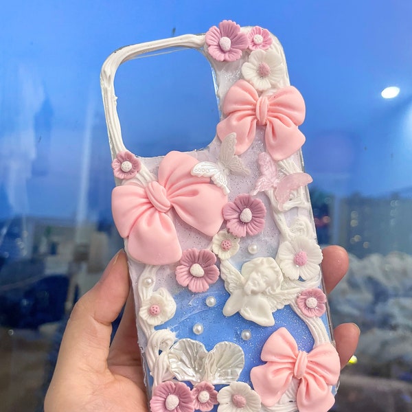 Baroque Decoden Phone Case Handmade Resin Phone Case iPhone Samsung Cell Phonecase Cover with Bowknot Flower Angel Charms