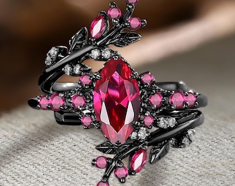 Unique Marquise Cut Ruby Engagement Ring Solid 10K/14K Black Gold July Birthstone Bridal Set Art Deco Leaf Branch Enhance Stack Wedding Band