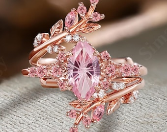 Marquise Firework Cut Pink Sapphire Engagement Ring Set 14K Rose Gold Cluster Propose Ring Leaf Twig Enhance Stack Wedding Band Promise Gift