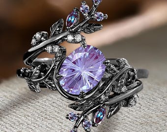 Art Deco Oval Firework Cut Alexandrite Engagement Ring Gothic Solid 14K Black Gold Moon Bridal Set Leaf Branch Wedding Band Anniversary Gift