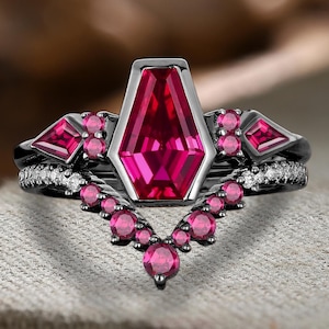 Dainty coffin cut ruby engagement ring set 10K/14K black gold cluster july birthstone propose ring Vintage enhance stack curved wedding band