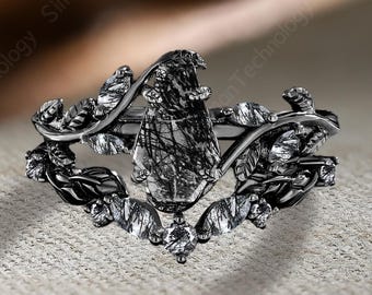 Antique Coffin Cut Black Rutilated Quartz Engagement Ring Set Solid 14K Black Gold Twig Propose Ring Leaf Enhance Stack Curved  Wedding Band