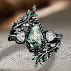 Coffin Cut Moss Agate Engagement Ring Set 14K Black Gold Cluster Halo Propose Ring Dainty leaf branch Enhance Wedding Band Anniversary Gifts