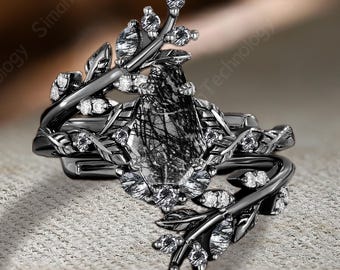 Vintage Coffin Cut Black Rutilated Quartz Engagement Ring Set 14K Black Gold Propose Ring Leaf Branch Enhance Wedding Band Anniversary Gifts