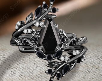 Antique Coffin Cut Black Onyx Engagement Ring Set Solid Black Gold Propose Ring Twig Leaf Design Enhance Stack Wedding Band Anniversary Gift