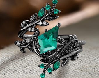 Gothic Kite Cut Emerald Engagement Ring Set Unique Solid 14K Black Gold Cluster May Birthstone Propose Ring Leaf Branch Enhance Wedding Band