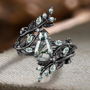 Gothic Coffin Cut Moss Agate Engagement Ring Set Solid 14K Black Gold Cluster Marquise Propose Promise Ring Art Deco Leaf Twig Wedding Band