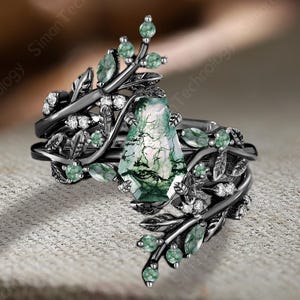 Unique coffin cut moss agate engagement ring Gothic 10k/14k black gold twist bridal set Nature inspired leaf twig enhance stack wedding band