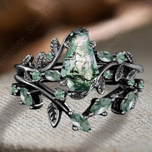 Art deco coffin shaped moss agate engagement ring set Solid 14k black gold twist propose ring Unique leaf branch enhance curved wedding band