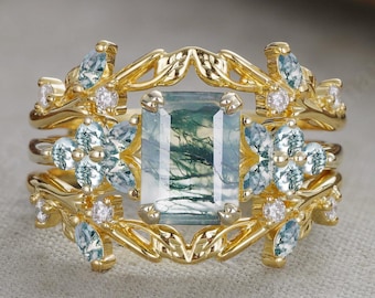 Vintage Emerald cut moss agate Engagement ring set Marquise moss agate wedding band 14K gold enhancer band leaf Bridal set Anniversary gift
