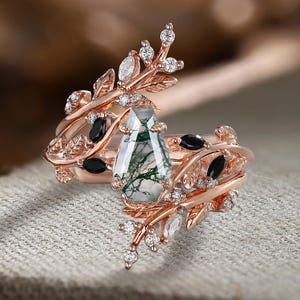 Coffin Shaped Moss Agate Engagement Ring Set Rose Gold Cluster Marquise Cut Black Onyx Propose Promise Ring Art Deco Leaf Twig Wedding Band