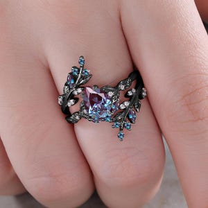 Pear cut Alexandrite Engagement Ring Set Gothic Black Gold witch ring Unique Leaf Twig Enhance Stack Propose Wedding band Anniversary Gift