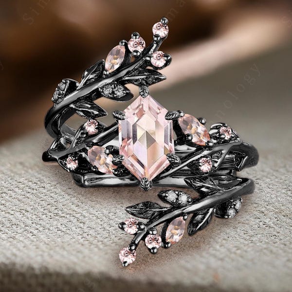 Vintage Long Hexagon Morganite Engagement Ring Black Gold Marquise Cut Twig Promise Bridal Set Unique Leaf Enhance Wedding Band Jewelry Gift