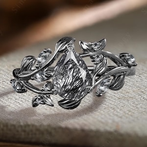 Antiker Birnenschliff schwarzer Rutilquarz Verlobungsring Gothic Schwarzgold halbe Ewigkeit Cluster Ring vorschlagen Einzigartiges Blatt Brautversprechen Geschenk
