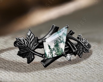 Nature Inspired Kite cut moss agate engagement ring Gothic black gold unique leaf branch bridal ring Art deco Promise Ring Anniversary Gift