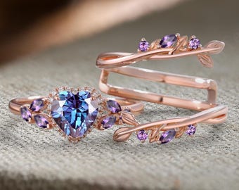 Anello di fidanzamento con alessandrite a forma di cuore, set vintage in oro rosa con ametista a grappolo e marquise, set da sposa, anello di promessa da donna, regalo di anniversario