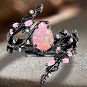 Nature Inspired Pear Cut Pink Fire Opal Engagement Ring Set Solid 10K/14K Black Gold Twist Propose Ring Leaf Twig Enhance Stack Wedding Band