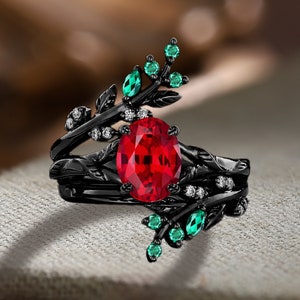Nature Inspired Vine Leaf Ruby Engagement Ring Set Gothic  Solid 14K Black Gold  Bridal Promise Set Unique Enhance Stacking Wedding Band