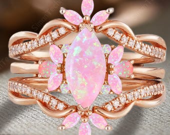 Dainty Marquise Cut Pink Opal Engagement Ring Set Solid 14K Rose Gold Floral Propose Ring Enhance Stack Curved Wedding Band Anniversary Gift