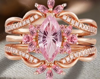 Marquise Firework Cut Pink Sapphire Engagement Ring Set 14K Rose Gold Floral Propose Ring Enhance Stack Curved Wedding Band Anniversary Gift