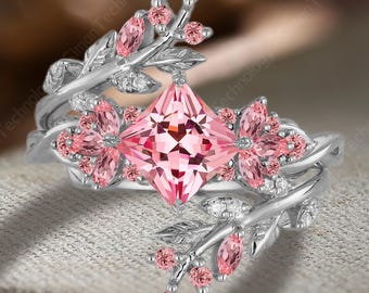 Art Deco Princess Cut Pink Sapphire Engagement Ring Sets Solid 14K White Gold Propose Ring Leaf Twig Enhance Stack Wedding Band Promise Gift