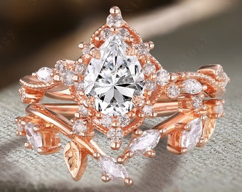 Vintage Pear Moissanite engagement ring set Art deco rose gold twig leaf Marquise diamond wedding band Unique Stacking Enhance Bridal set