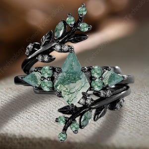 Conjunto de anéis de noivado vintage em ágata musgo com corte de pipa, estilo art déco, ouro negro 14K, aliança de compromisso com pilha de folhas, presente de aniversário exclusivo
