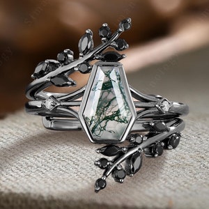 14K Black Gold Coffin Cut Moss Agate Engagement Ring Set Unique Leaf Branch Design Enhance Wedding Band Bridal Promise Ring Anniversary Gift