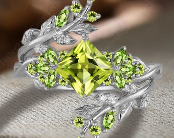 Princess Cut Peridot Engagement Ring Set 14K White Gold Half Eternity Propose Ring Vintage Leaf Twig Enhance Stack Wedding Band Promise Gift
