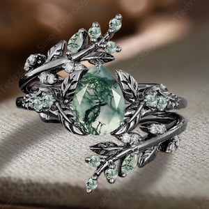 Unique pear shaped moss agate engagement ring set Solid 14k black gold leaf propose ring Twig branch enhance stack wedding band Promise Gift