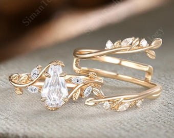 Coffin cut Moissanite Engagement ring set Vintage Diamond wedding band 14K gold enhancer band Unique Branch leaf Bridal set Anniversary gift
