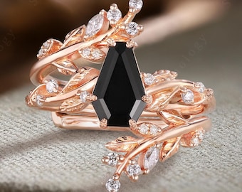 Vintage coffin cut black onyx engagement ring Solid 14K rose gold twig leaf cluster moissanite propose ring Unique bridal set wedding band