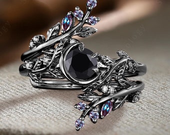 Unique round black onyx engagement ring set Gothic twig leaf bridal promise ring Nature inspired solid  black gold alexandrite Wedding Band