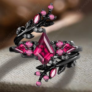 Kite Cut Ruby Engagement Ring Solid 10K/14K Black Gold Cluster July Birthstone Bridal Set Art deco Leaf Branch Enhance Stacking Wedding Band