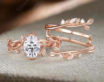 Conjunto de anillo de compromiso de moissanita de talla ovalada, alianza de boda de diamantes vintage, anillo realzador de oro rosa, conjunto nupcial único con diseño de hojas de ramas, regalo de aniversario
