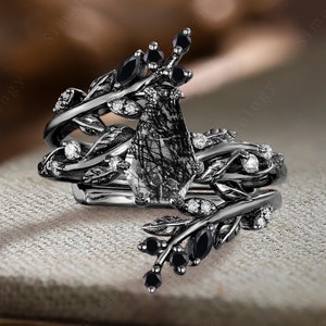Coffin shaped black rutilated quartz engagement ring Unique art deco cluster black onyx wedding band Gothic black gold leaf  bridal gift set