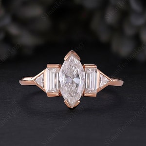Vintage Marquise Moissanit Verlobungsring, Einzigartiger Verlobungsring, Cluster Baguette Ring, Lünette Set Art Deco Brautversprechen Jubiläumsring