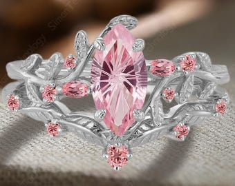Unique Marquise Firework Cut Pink Sapphire Engagement Ring Set Solid 14k White Gold Twist Propose Ring Leaf Enhance Stack Curve Wedding Band